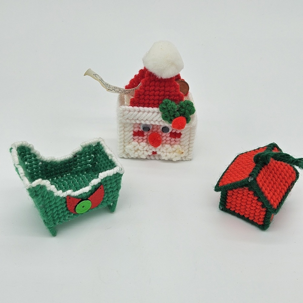 Vtg Kitchy Handmade Christmas Ornaments Set Of 3 - Yarn & Plastic Canvas